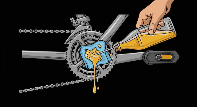 Person lubricating bicycle chain with oil