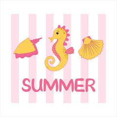 Obraz premium Vector illustration of summer sea life with a yellow seahorse, shell, and scallop on a pink striped background with the word 