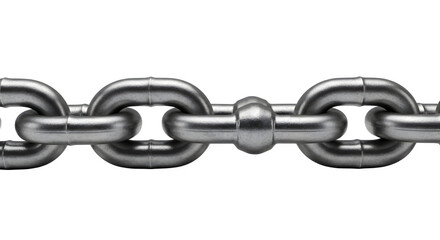 Fototapeta premium Close-up of metal chain isolated on transparent background. A detailed view of a metallic chain with a cylindrical link and rounded chain links, ideal for industrial or hardware concepts