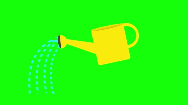 A yellow watering can tilting to pour a stream of blue water droplets on a green screen background.