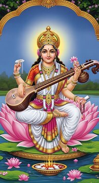 Hindu Goddess Saraswati Statue.