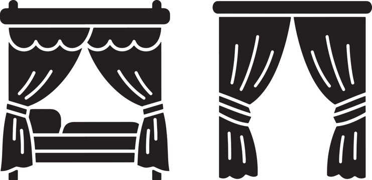 Black and white curtain tied back and open, with rod and tassels