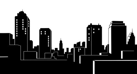 Obraz premium Modern City Skyline Silhouette of Tall Buildings and Skyscrapers in Black on Isolated White Background