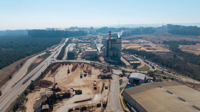 Aerial view of Vi&ntilde;ales thermal biomass power plant and sawmill in Chile.