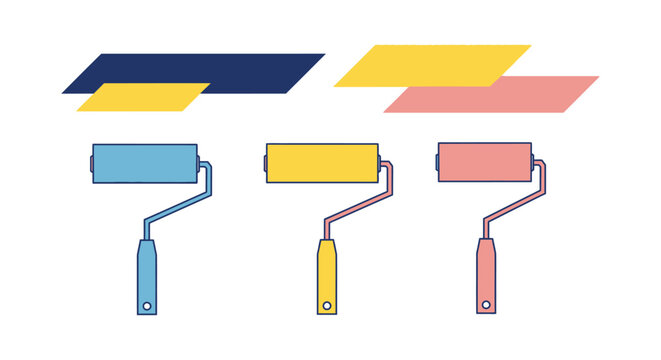 Three paint rollers with color trays in blue, yellow, and pink for home renovation in bright studio.