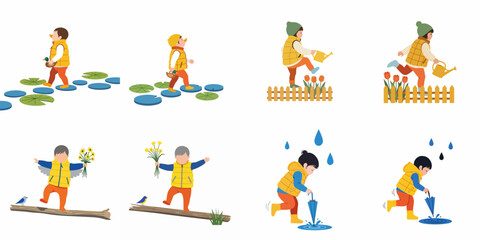 Fototapeta premium Collection of illustrations featuring a young child in a yellow vest enjoying various outdoor activities like gardening, balancing on a log, and rain play.