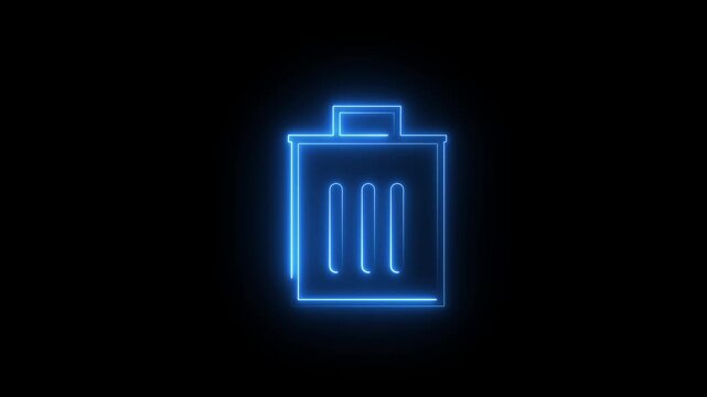 Neon glowing delete icon on black background 4k animation. office trash icon. delete animation icon blue colour motion graphic.