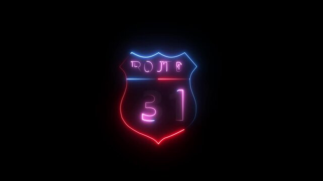 Glowing neon Route 31 text icon ,Route 31 shape symbol burning Loop. who will be used for road glowing against a black background ROUTE 31 .4k video motion graphic animation....