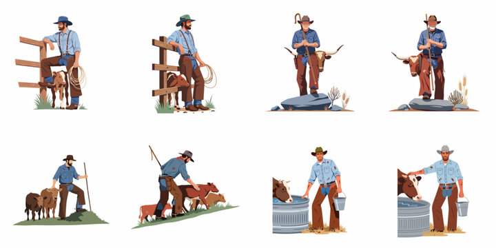 Vector Illustrations Set of Cowboys and Ranchers Working with Cattle, Calves, and Longhorns in Traditional Western Ranching Scenes