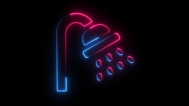 Glowing neon line Broken metal pipe with leaking water icon isolated on black background. 4K Video motion graphic animation