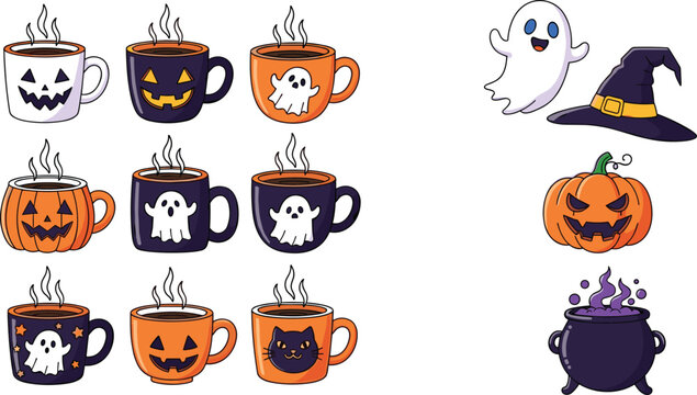 Halloween Illustration Set Featuring Spooky Coffee Mugs, Pumpkin Faces, Ghost, Witch Hat, and Cauldron for Festive Autumn Designs