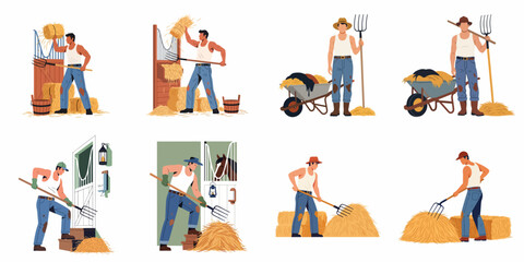 Set of Illustrations Showing a Male Farmer Performing Various Stable and Hay-Related Tasks, Including Feeding Horses and Cleaning Stalls with a Pitchfork. © Sugih