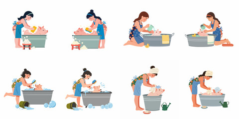 Fototapeta premium Set of illustrations showing a young girl washing and grooming a cute piglet in a bathtub, featuring soap bubbles and various bath accessories.