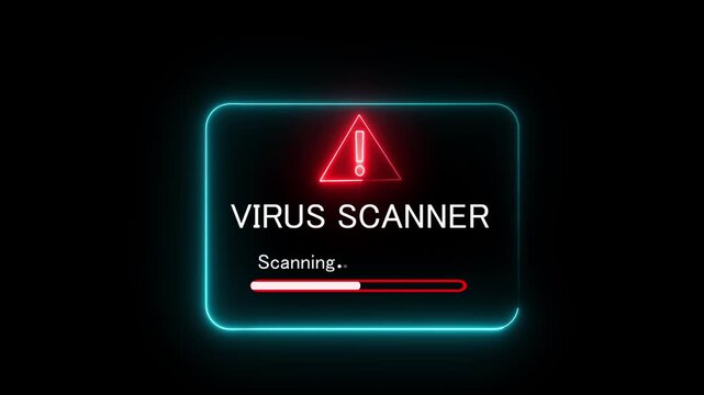 Virus scanner window with neon border and warning symbol. cybersecurity scanning alert, antivirus software progress bar animation on black screen. virus scanning computer technology
