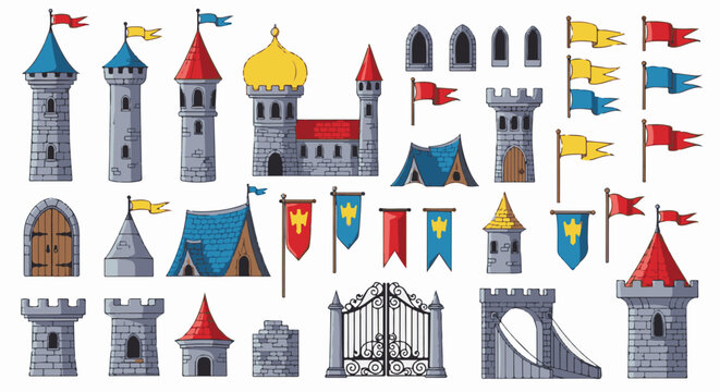 Pixel art medieval castle elements including towers, gates, and flags