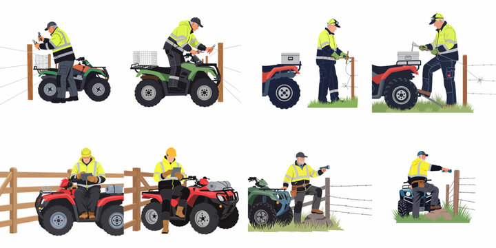 Set of Vector Illustrations Depicting Agricultural Workers in Hi-Vis Gear Using ATVs for Fence Repair and Farm Maintenance Tasks