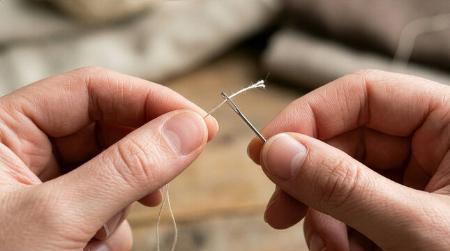 Hands threading a sewing needle with white thread, demonstrating precision, skill, and the art of handcraft, representing meticulous textile work and tailoring