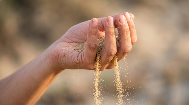 Human hand letting sand slip through fingers, symbolizing fleeting time, natural erosion, and the transient nature of existence in an outdoor setting at dusk