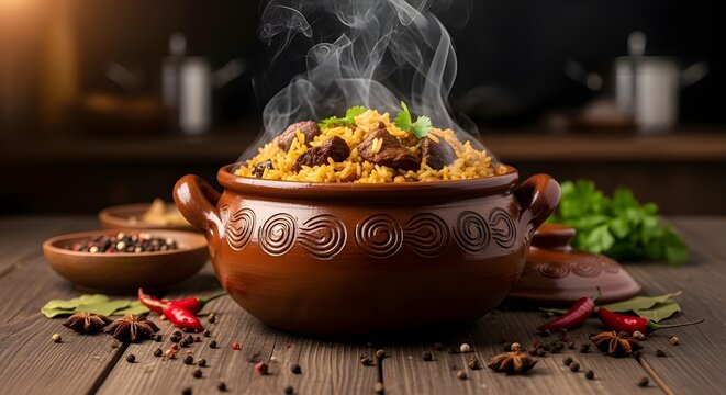 A steaming pot of flavorful traditional cuisine likely a hearty stew or pilaf presented with fresh herbs and spices