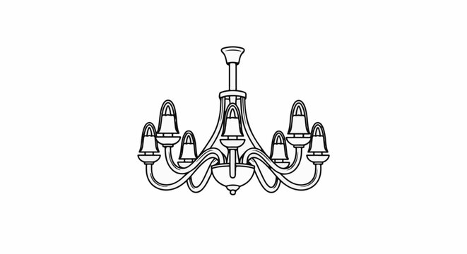 Ornate, multi-armed chandelier with bell-shaped shades, rendered in black and white outline