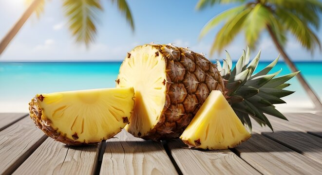 Tropical paradise a half pineapple with slices on wood overlooking a turquoise ocean and palm trees