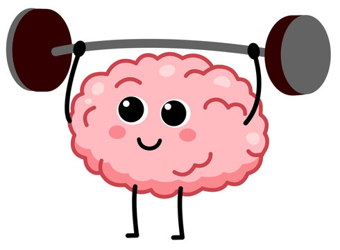 Cute brain character gym and sport for mental health. Brain character lifting up dumbbell. Brain cute mascot doing exercise