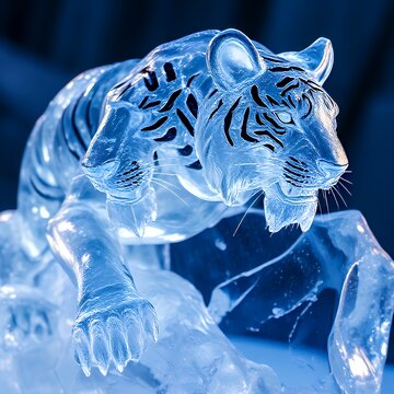 White tiger head in blue water on blue background