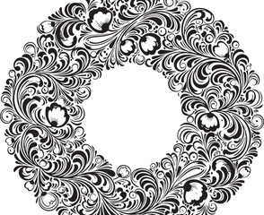 Intricate circular frame with detailed swirling floral patterns in black on transparent base. © TREND AND VECTORS