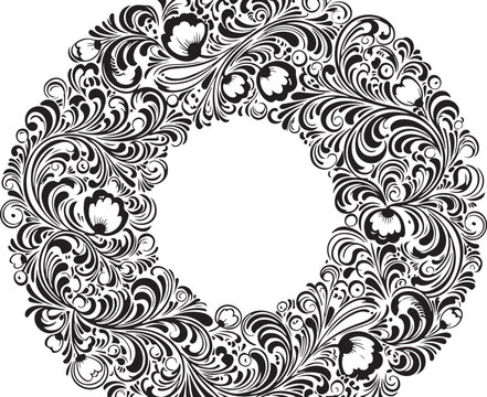 Intricate circular frame with detailed swirling floral patterns in black on transparent base.