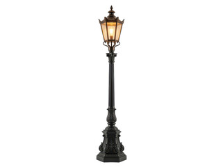 Obraz premium A classic black victorian-style street lamp with warm lighting stands alone on a white background