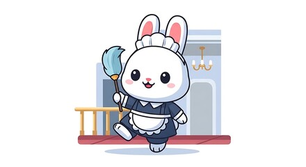 Fototapeta premium A cartoon rabbit dressed as a maid holding a duster, smiling happily on a blurred indoor background