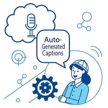 Auto-generated captions with a microphone and gear speech bubble woman