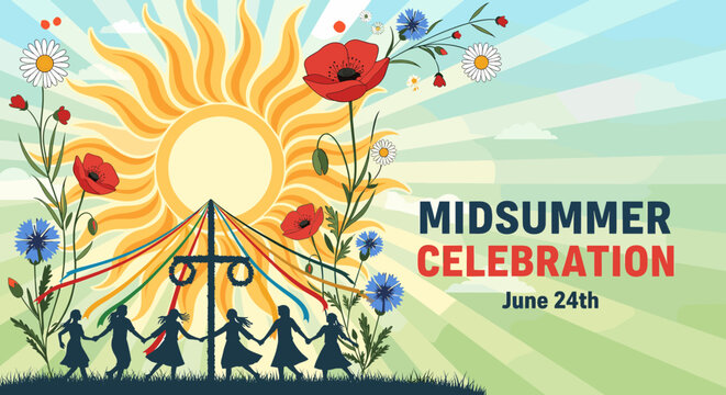 A vibrant illustration of a Midsummer Celebration with people dancing around a maypole, surrounded by a bright sun and colorful flowers.