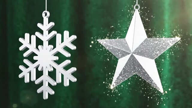 Hanging snowflake and star ornaments against a green backdrop