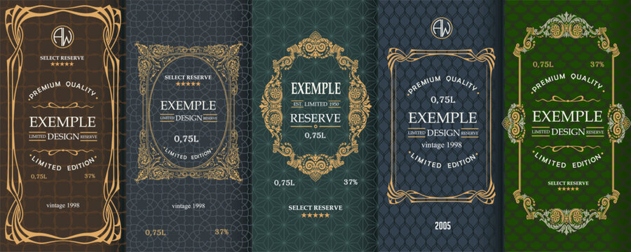 Exquisite set of design templates for label and package of whiskey, brandy, rum, cognac, wine. Perfect art deco, art nouveau style.