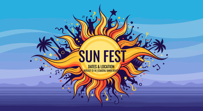 Vibrant Sun Fest logo featuring a stylized sun with silhouettes of people dancing and musical instruments against a tropical beach and ocean backdrop.