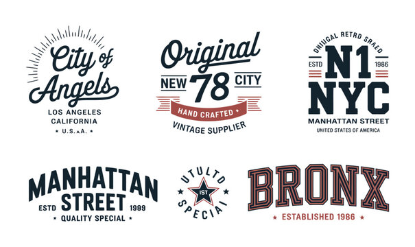 Vintage NYC and Los Angeles Typography Badge Set Retro Athletic Vector for Apparel and T-Shirt Design