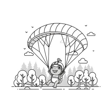 A cartoon creature with goggles and a helmet is paragliding over a forest in black and white