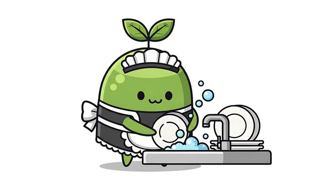 A cartoon creature with sprout hair and a maid outfit washes dishes, with soapy bubbles and clean plates visible
