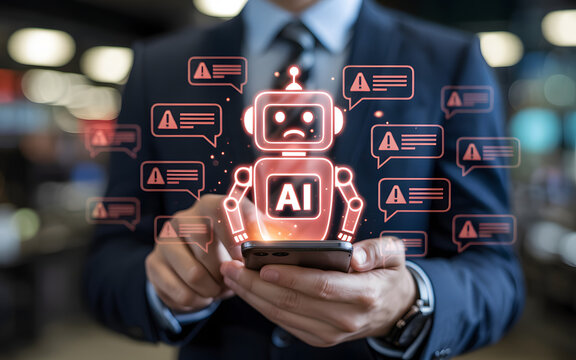 Businessman holding smartphone with sad AI robot hologram and warning notifications