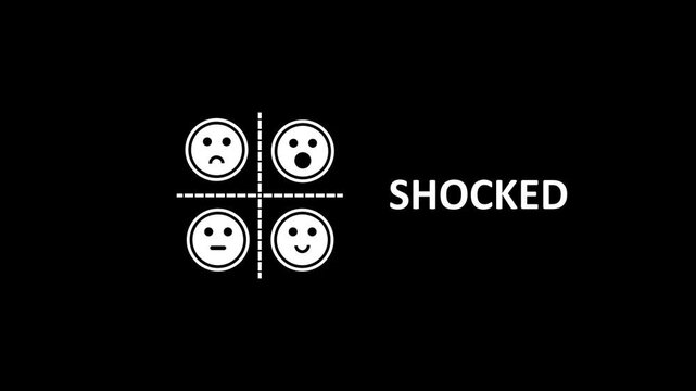 Animated shocked emoticons with cross-hair on black background, dynamic text animation