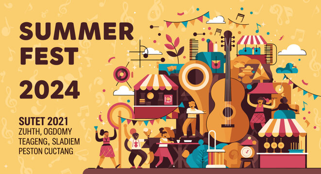 Vibrant Summer Fest 2024 poster featuring musical instruments, food stalls, and dancing figures, set against a festive yellow background with colorful bunting and confetti.