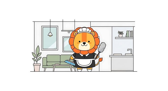 A cartoon lion wearing a maid's uniform is inside a living room, holding cleaning tools, with simple line art
