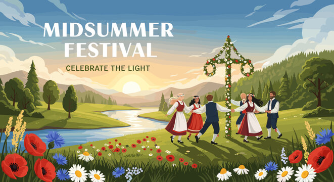 Midsummer Festival: People in traditional clothing dance around a maypole in a scenic landscape with a river and rolling hills, celebrating the light.