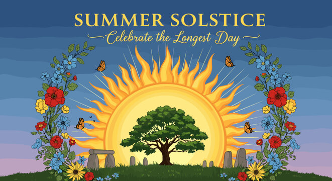 Summer Solstice Celebration: A Vibrant Illustration of the Longest Day with a Majestic Sun, Ancient Stone Circle, and Lush Tree.