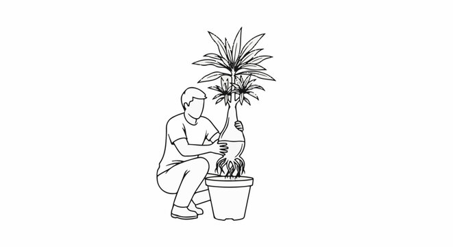 Person repotting a large plant with exposed roots into a pot