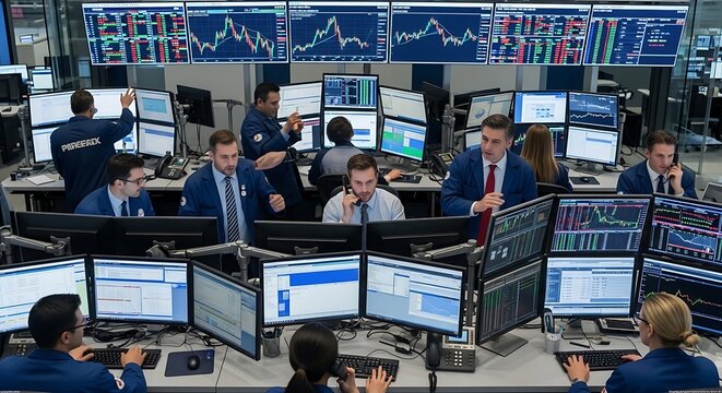 Stock market traders working in a trading room.