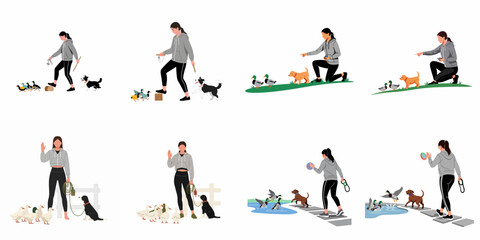Vector illustration collection of a woman training different dog breeds and interacting with ducks and geese in various outdoor farm and park settings. © Sugih