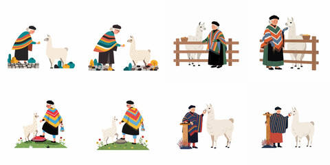 Set of illustrations featuring an elderly Andean woman in traditional poncho feeding and interacting with a white llama in various rural scenes. © Sugih