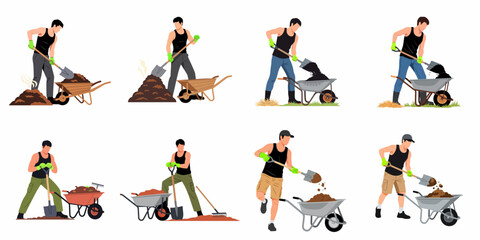 Flat vector illustrations of a male gardener or farmer using a shovel to load soil and compost into a wheelbarrow for landscaping work. © Sugih